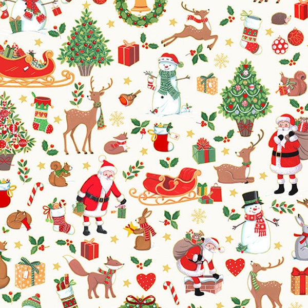 Merry Christmas - Ice Montage Cream by Makower for Andover Fabrics, 1/2 yd cut, TP-2479-1