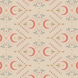 May include: A seamless pattern featuring a repeating design of crescent moons, stylized floral sprigs, and small dots in shades of red, orange, and green on a cream background.