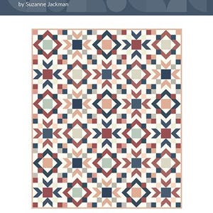 May include: A quilt pattern called "Phoebe" by Suzanne Jackman, featuring a geometric design with a white background and squares in shades of red, blue, and green.