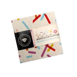 May include: A stack of 5-inch fabric squares from the Ruby Star Society. The fabric has a white background with colorful confetti-like shapes in red, blue, yellow, and purple. The label reads "Salutations" by Rashida Coleman-Hale.