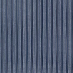 May include: A close-up of a fabric with a navy blue background and vertical white stripes. The stripes are evenly spaced and run the entire length of the image. The fabric has a subtle texture.