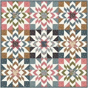 May include: A patchwork quilt with a repeating star pattern. The quilt features a variety of fabrics in shades of pink, blue, brown, and cream. The stars are set against a white background, and the quilt is bordered with a floral print.