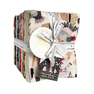 May include: A stack of fabric bundles tied with a white ribbon and measuring tape. The fabric features various patterns, including chickens, gardening tools, and floral designs. A tag with the "moda fabrics + supplies" logo is attached.