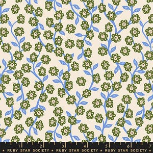 May include: A repeating pattern of green smiling flowers with cream-colored petals and blue stems and leaves on a cream background. The text "RUBY STAR SOCIETY" is at the bottom.