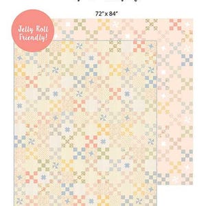 May include: A quilt pattern titled Little Trinkets by My Sew Quilty Life, measuring 72" x 84". The design features a grid of small squares in pastel pink, blue, yellow, and green, with a Jelly Roll Friendly label and a sewing machine icon.