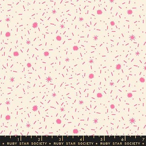 May include: Cream-colored fabric with a repeating pattern of pink shapes. The design includes small dots, short lines, and starbursts. The text "RUBY STAR SOCIETY" is printed along the bottom edge.
