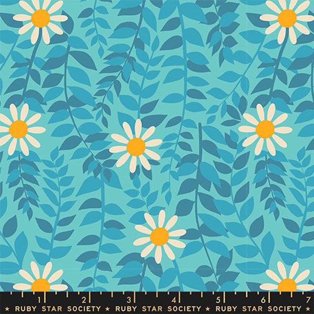 Flowerland Daisy Greenery Turquoise by Melody Miller for Etsy