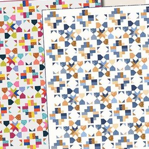 May include: A quilt pattern called "Road Map" by Doug Leko Antler Quilt Design. The pattern features a geometric design with a white background and colorful squares. The pattern is available in three sizes: topper, throw, and king. AQD 0295.