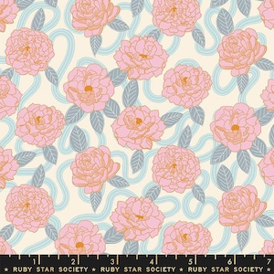 May include: A seamless pattern featuring pink flowers with orange centers and blue wavy lines on a cream background. The pattern is repeated throughout the image. The text "RUBY STAR SOCIETY" is printed at the bottom of the image.