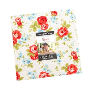 May include: A square fabric bundle featuring a floral pattern with red roses, blue forget-me-nots, and green leaves on a white background. The fabric is labeled "Rosie" by Moda Fabrics & Supplies.