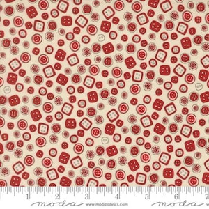 May include: A white fabric with a repeating pattern of red buttons in various shapes and sizes. The buttons are outlined in black and have a white center.