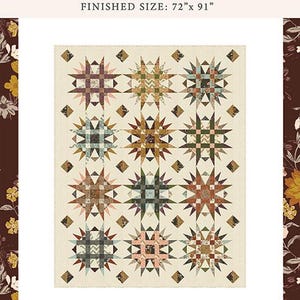 May include: Heirloom quilt with a star pattern in various colors, including brown, teal, and pink. The quilt measures 72" x 91". The text "FORAGED, FOUND, & Hand Me Down" is at the top.