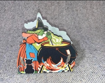 Vintage 40s Green Witch Cauldron Black Cat Die Cut Halloween Candy Container G.M.CO. Decoration