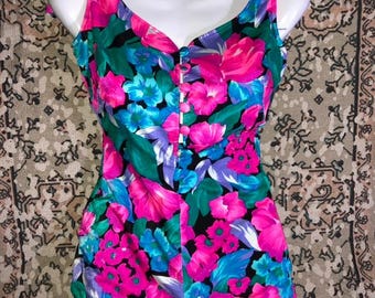 Maxine of Hollywood Hawaiian Pink Floral Second Skin Satin Open Keyhole Back Vintage 60s Pin Up Swimsuit Women’s 12