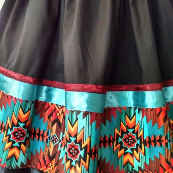 BLACK SKIRT Gallery of   Women's native american-style FUll skirt in basic black with ribbons, tribal print  trim. Sizes xs,s med,large, xl