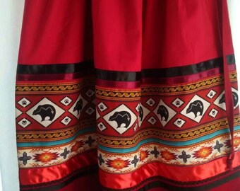 Bear Medicine women's full skirt REGALIA, either black or red solid, with ribbon trim,bear print, adjustable waist, fits size S,M,L, XL, 2XL