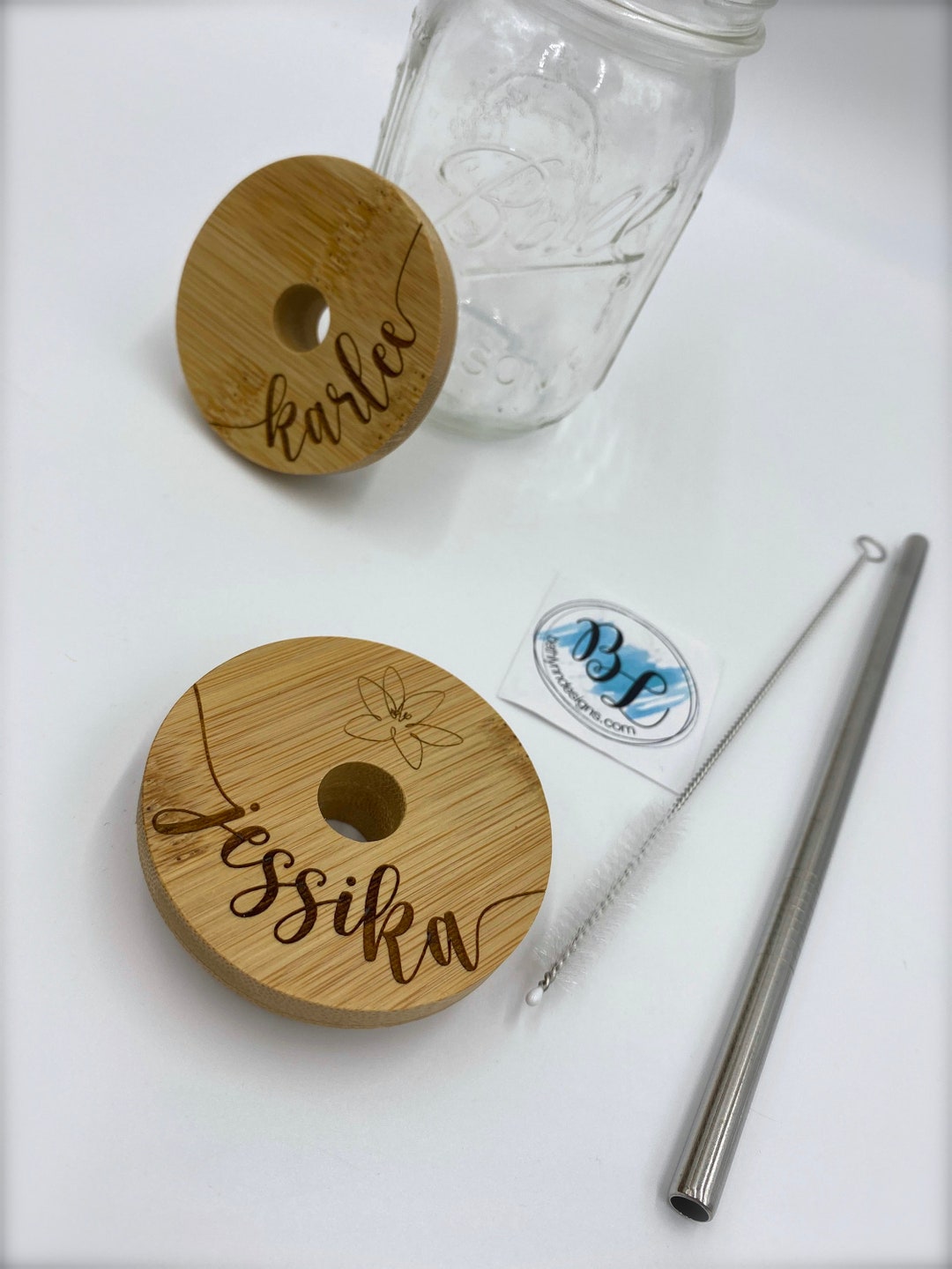 Engraved Customized Bamboo Lid w/ straw, Wide Mouth, NO Vinyl