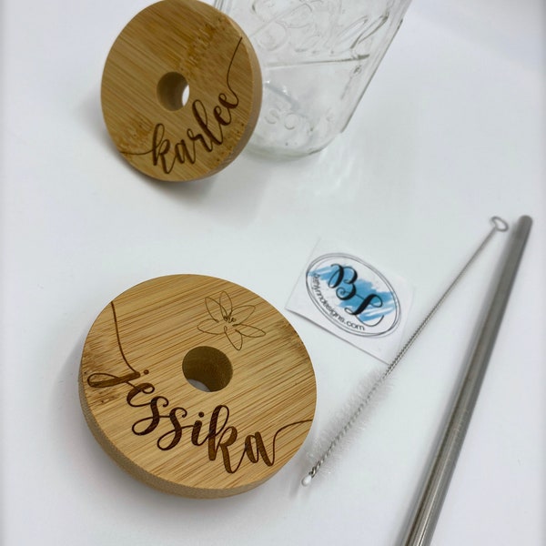 Engraved Customized Bamboo Lid w/ straw | Regular Mouth | NO Vinyl | Dishwasher Safe | Reusable Boba Cup lid| Monogramed Bamboo | Minimalist