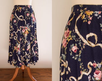 Vintage 1970s Navy Blue Floral Bow Print Midi Skirt