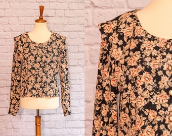 Vintage 1980s Black Floral Pearl Button Down Blouse with Collar