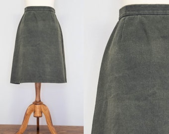 Vintage 1970s Dark Green Denim A-Line Mini Midi Skirt