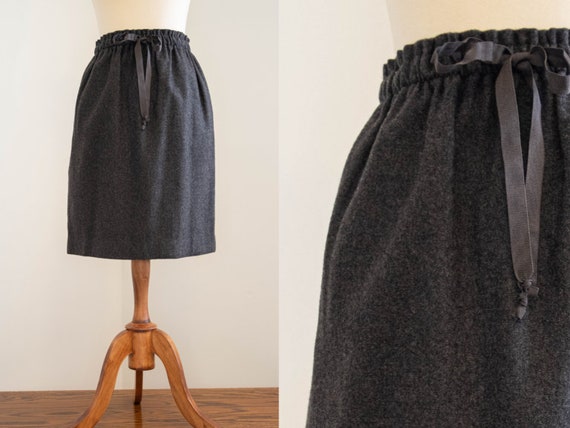 Vintage 1980s Charcoal Grey Wool Midi Skirt with … - image 1