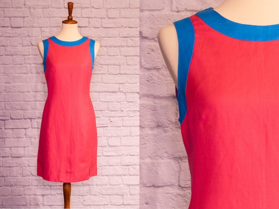 Vintage 80s does 60s Neon Pink and Blue Mod Dress - image 1