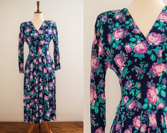 Vintage 1980s Blue Purple Floral Maxi Dress Button Down Back