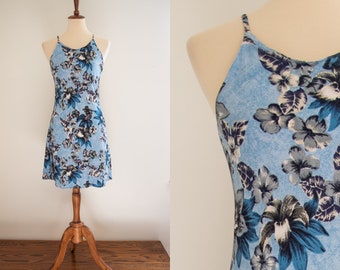 Vintage 1990s Light Blue Tropical Floral Minidress