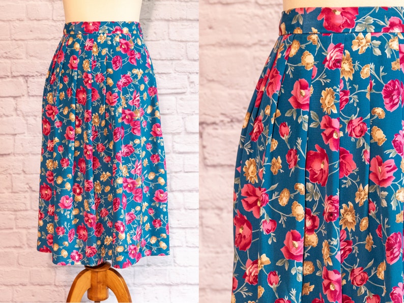 Vintage 1980s Teal Floral Knife Pleat Skirt image 1