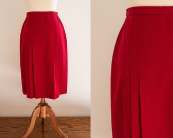 Vintage 1980s Bright Cherry Red Pleated Midi Skirt Wool