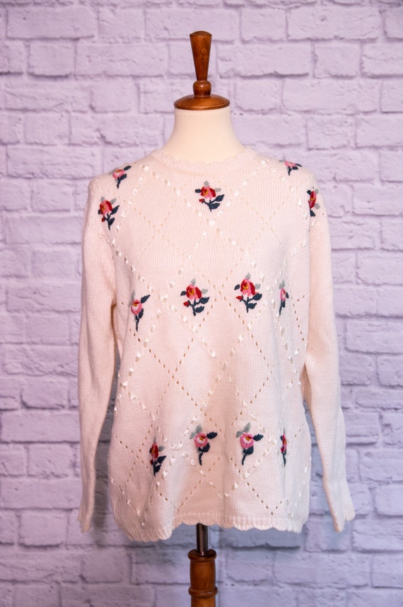 Vintage 1980s Cream White Cozy Sweater with Flora… - image 2