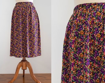 Vintage 1980s Multicolored Purple Gold Floral Midi Skirt