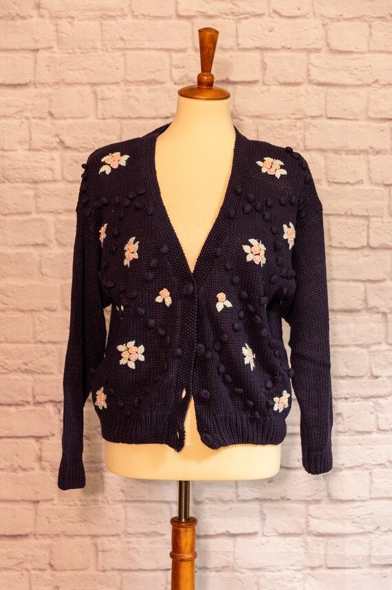 Vintage 1980s Navy Blue Knit Sweater with Floral … - image 2