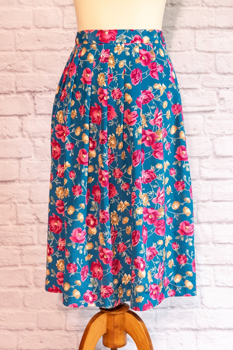 Vintage 1980s Teal Floral Knife Pleat Skirt image 2