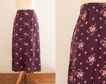 Vintage 1990s Purple Pink Floral Button Down Midi Skirt