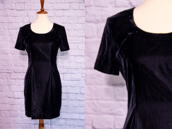 Vintage 1980s Black Velvet Wiggle Mid Dress - image 1