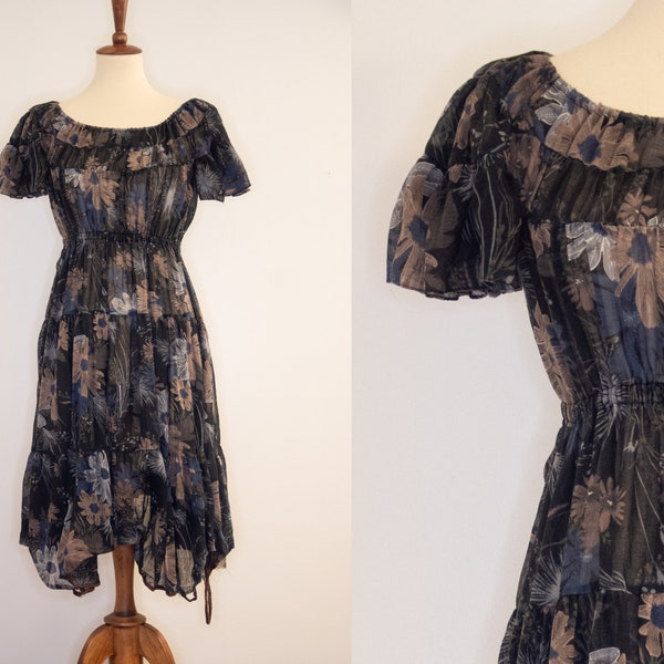 Vintage 1970s Black Floral Sheer Cotton Ruffle Sleeve Prairie Hippie Dress