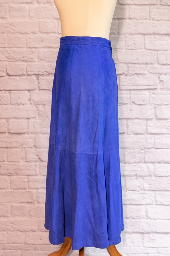 Vintage 1970s Bright Blue Midi Skirt Suede - image 3