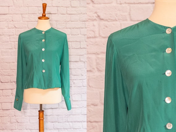 Vintage 1990s Teal Shell Button Down Blouse - image 1