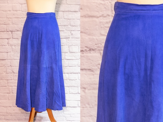 Vintage 1970s Bright Blue Midi Skirt Suede - image 1