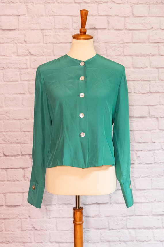 Vintage 1990s Teal Shell Button Down Blouse - image 2