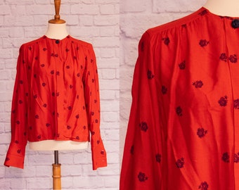 Vintage 1980s Bright Red Button Down Blouse with Black Floral Pattern