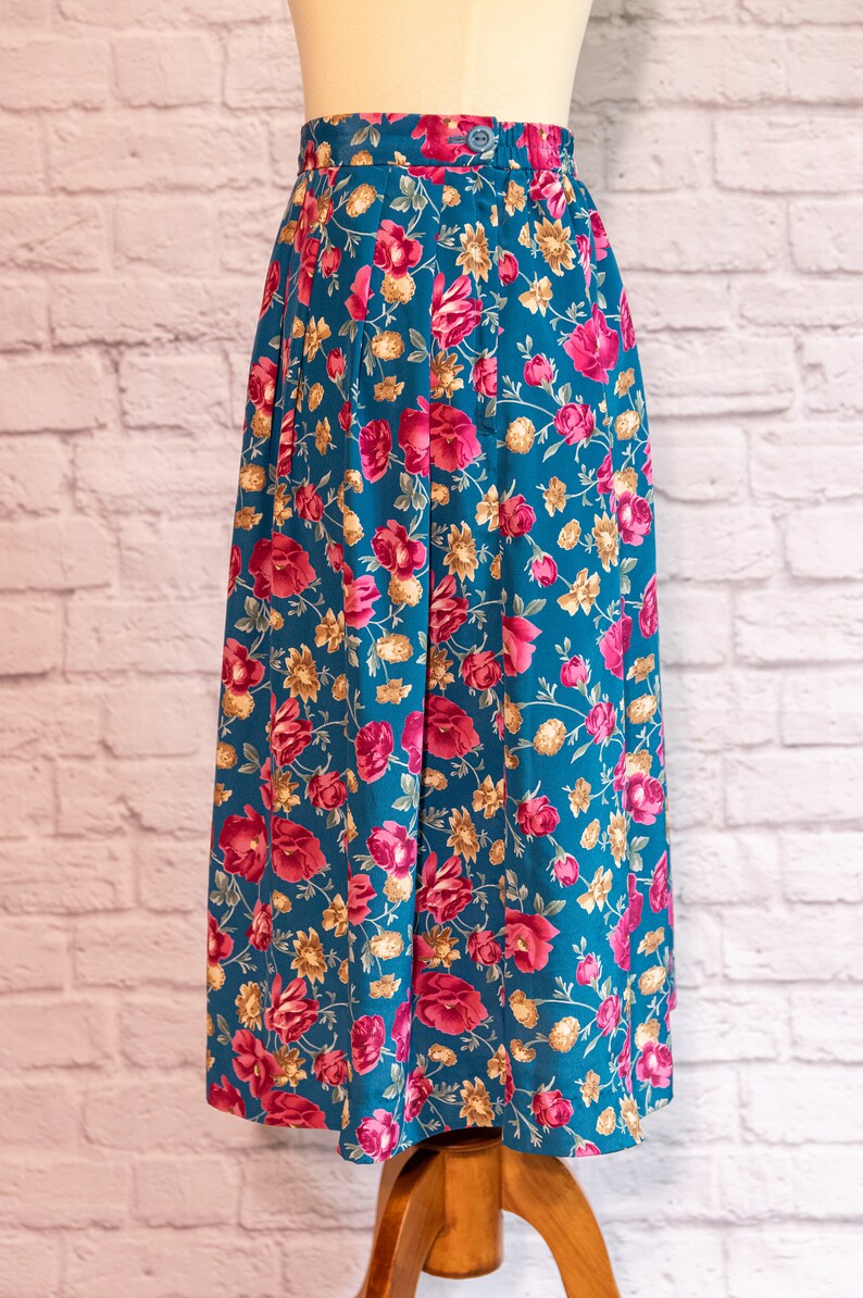 Vintage 1980s Teal Floral Knife Pleat Skirt image 3