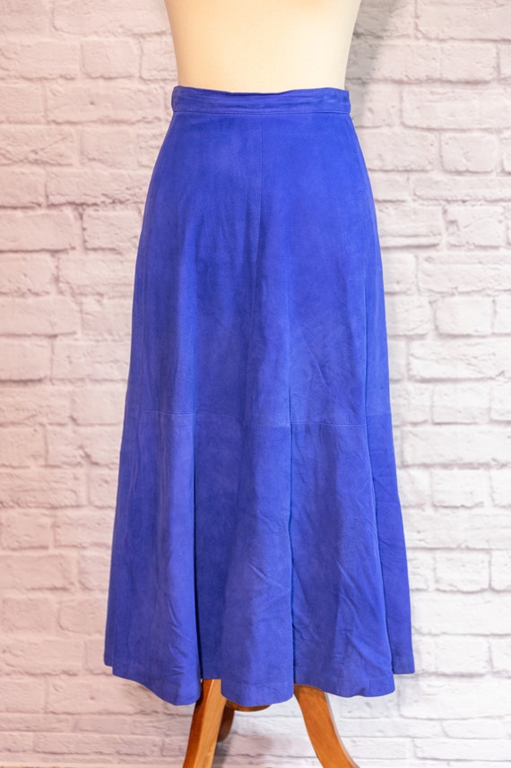 Vintage 1970s Bright Blue Midi Skirt Suede - image 2