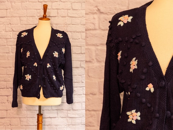 Vintage 1980s Navy Blue Knit Sweater with Floral … - image 1