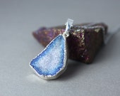 Blue and White Druzy Necklace - Natural Stone Jewelry - Blue Crystal Necklace - Your Choice of Stainless Steel or Sterling Silver Chain