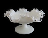 Fenton Silvercrest white clear ruffle ribbon pedestal candy bowl catchall dish collectible milk glass home decor kitchen accent kitchenalia
