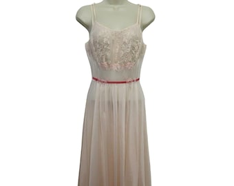 VTG Womens SEE MEASUREMENTS Sheer Pink Spaghetti Strap Lace Nightgown Slip Dress