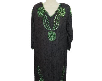 Vintage Womens Medium Black Green Silk Beaded Sequin V Neck Caftan Gown Dress